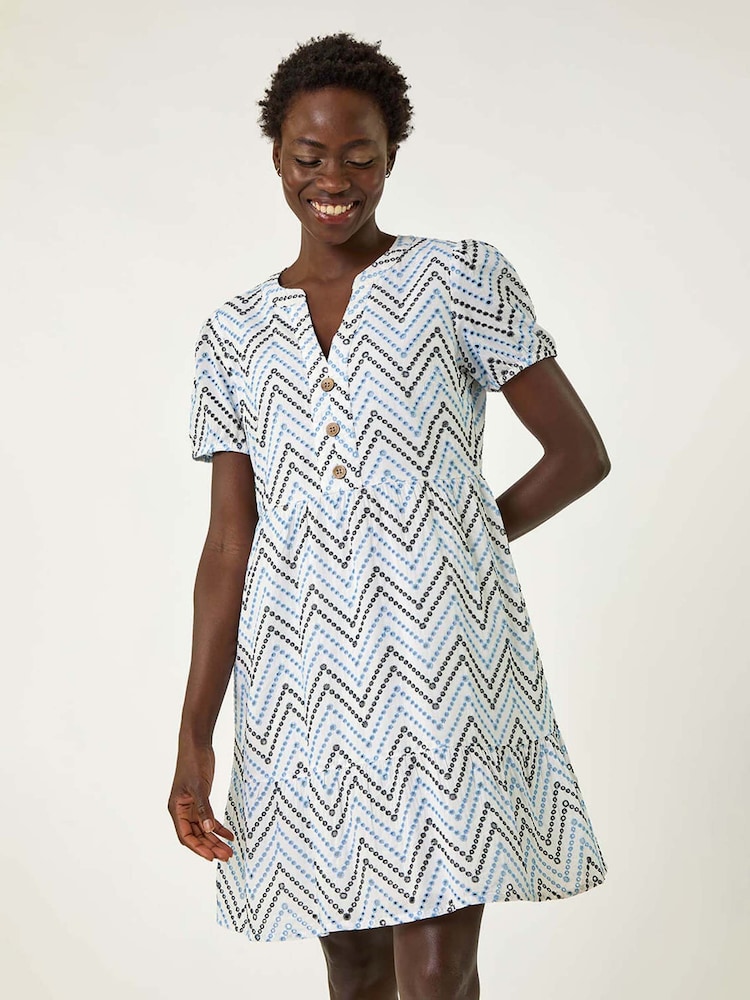 Niebieski - Roman Zig-Zag Embroidered 100% Cotton Tunic Dress - Image 4 of 5