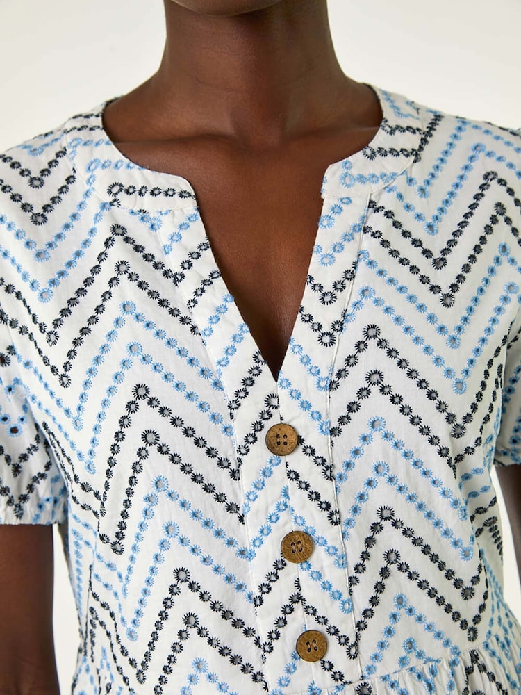 Roman Blue Zig-Zag Embroidered 100% Cotton Tunic Dress - Image 5 of 5