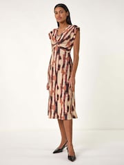 Roman Brown Abstract Print V-Neck Twist Midi Dress - Image 1 of 5