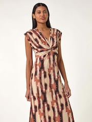 Roman Brown Abstract Print V-Neck Twist Midi Dress - Image 2 of 5