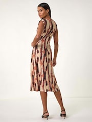 Roman Brown Abstract Print V-Neck Twist Midi Dress - Image 3 of 5