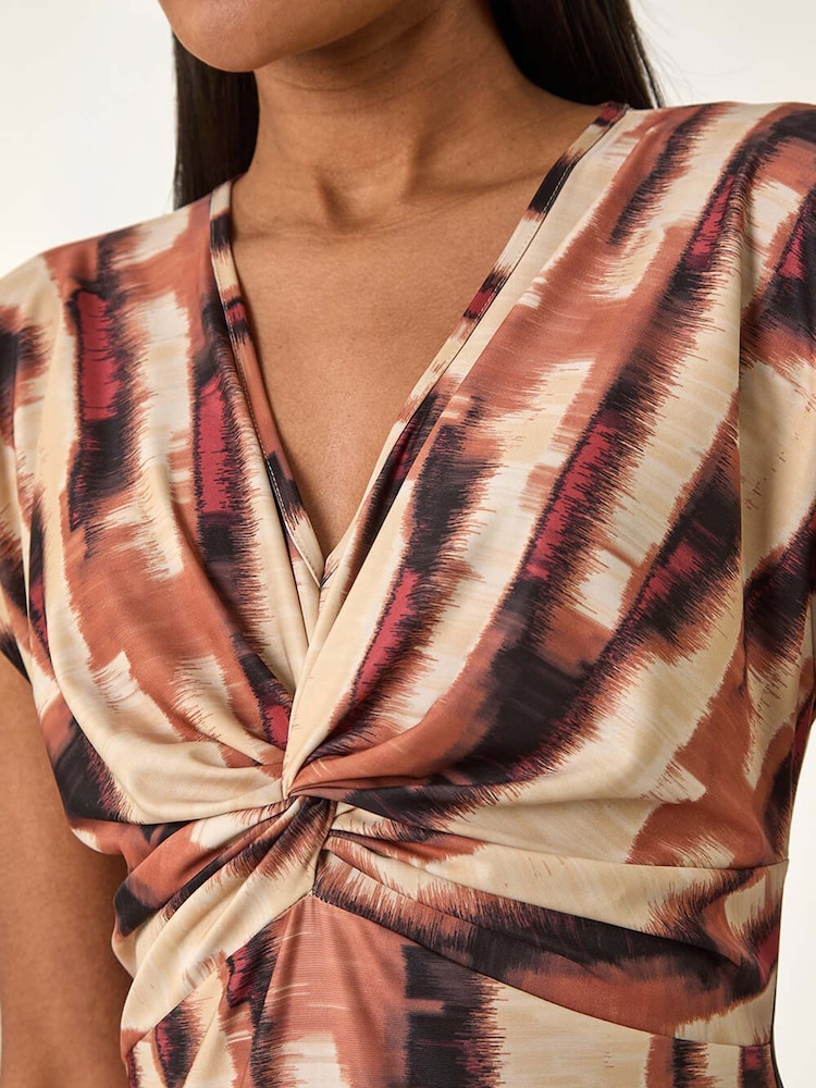 Roman Brown Abstract Print V-Neck Twist Midi Dress - Image 5 of 5