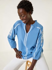 Roman Blue Embroidered Sleeve V-Neck 100% Cotton Top - Image 1 of 5