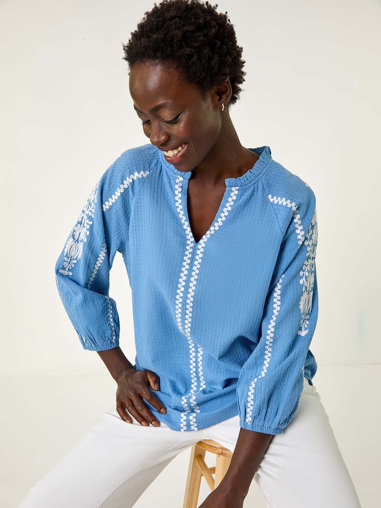 Roman Blue Embroidered Sleeve V-Neck 100% Cotton Top - Image 1 of 5
