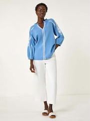 Roman Blue Embroidered Sleeve V-Neck 100% Cotton Top - Image 2 of 5