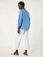 Roman Blue Embroidered Sleeve V-Neck 100% Cotton Top - Image 3 of 5