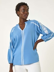 Roman Blue Embroidered Sleeve V-Neck 100% Cotton Top - Image 4 of 5
