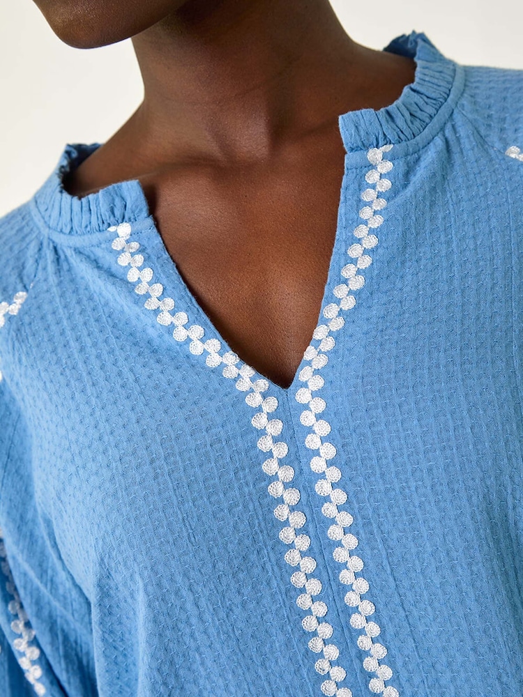 Roman Blue Embroidered Sleeve V-Neck 100% Cotton Top - Image 5 of 5
