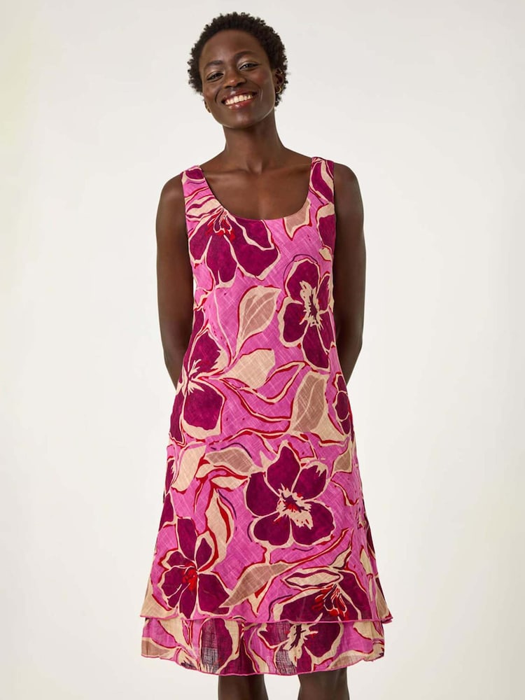 Roman Pink Floral Double Layer 100% Cotton Dress - Image 1 of 5