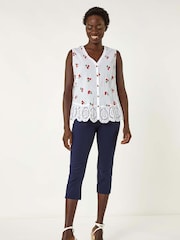 Roman White 100% Cotton Print Crinkle Button Blouse - Image 2 of 5