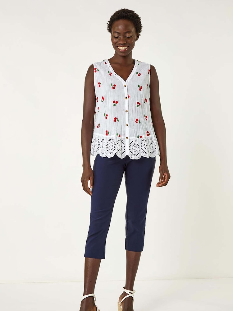 Roman White 100% Cotton Print Crinkle Button Blouse - Image 2 of 5