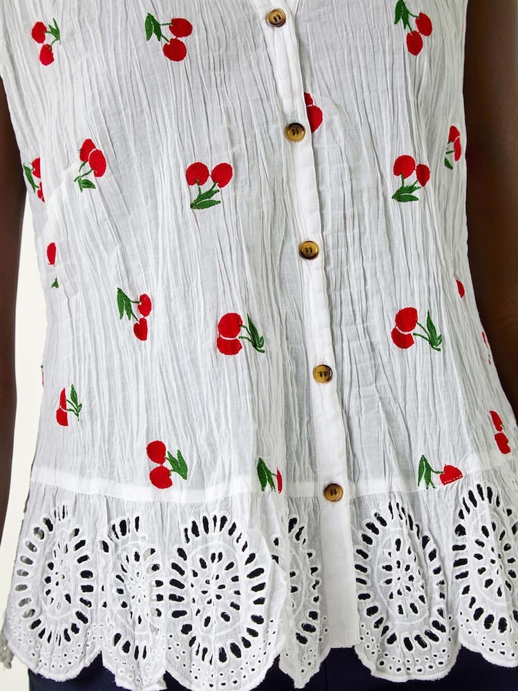 Roman White 100% Cotton Print Crinkle Button Blouse - Image 5 of 5