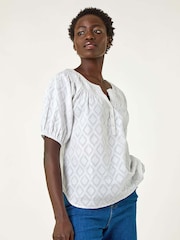Roman White Shirred Neck Textured 100% Cotton Top - Image 1 of 5