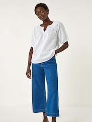 Roman White Shirred Neck Textured 100% Cotton Top - Image 2 of 5