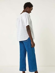 Roman White Shirred Neck Textured 100% Cotton Top - Image 3 of 5