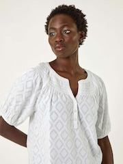 Roman White Shirred Neck Textured 100% Cotton Top - Image 4 of 5