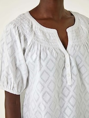 Roman White Shirred Neck Textured 100% Cotton Top - Image 5 of 5