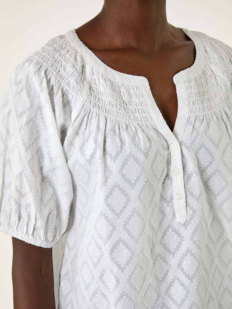 Roman White Shirred Neck Textured 100% Cotton Top - Image 5 of 5