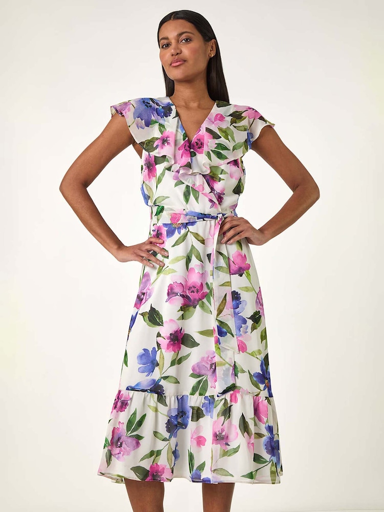 Vestido a media pierna cruzado con volante y estampado floral de Roman - Imagen 1 de 5 Vestido a media pierna cruzado con volante y estampado floral de Roman - Imagen 1 de 5