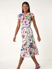 Roman White Floral Print Frill Wrap Midi Dress - Image 2 of 5