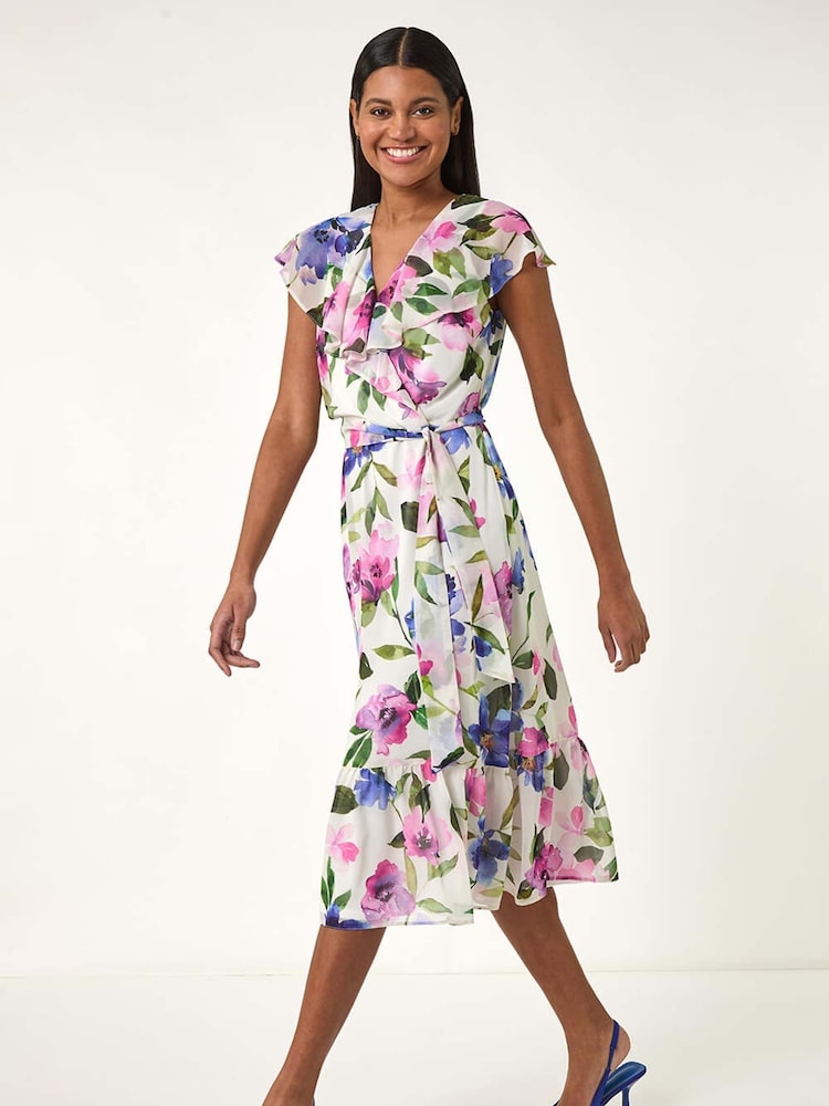 Vestido a media pierna cruzado con volante y estampado floral de Roman - Imagen 2 de 5 Vestido a media pierna cruzado con volante y estampado floral de Roman - Imagen 2 de 5