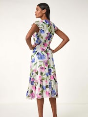 Roman White Floral Print Frill Wrap Midi Dress - Image 3 of 5
