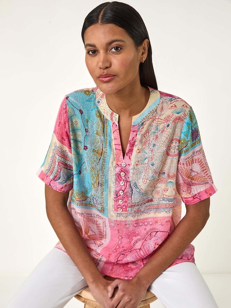 Roman Pink Scarf Print Hotfix Buttoned Top - Image 1 of 5 Roman Pink Scarf Print Hotfix Buttoned Top - Image 1 of 5