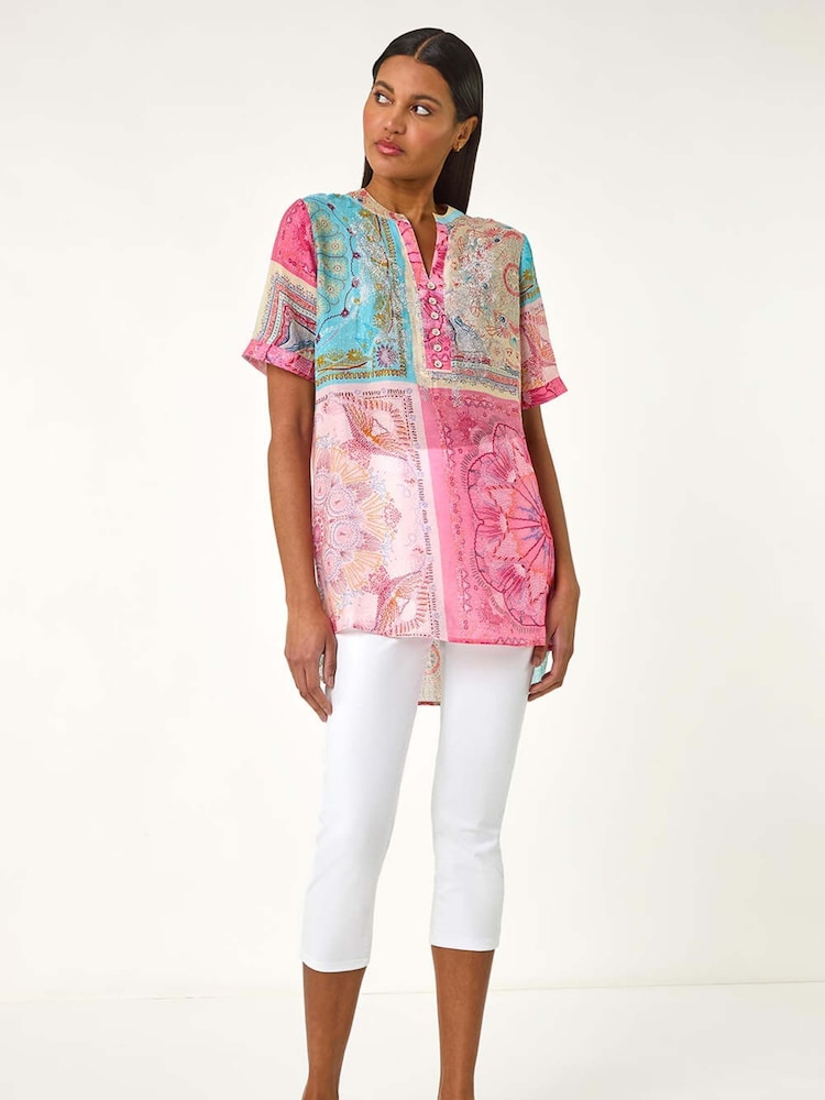 Roman Pink Scarf Print Hotfix Buttoned Top - Image 2 of 5 Roman Pink Scarf Print Hotfix Buttoned Top - Image 2 of 5