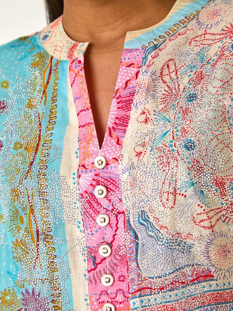 Roman Pink Scarf Print Hotfix Buttoned Top - Image 5 of 5 Roman Pink Scarf Print Hotfix Buttoned Top - Image 5 of 5