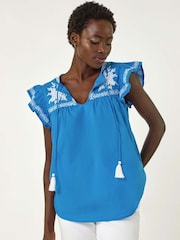 Roman Blue Embroidered Tie Front 100% Cotton Top - Image 4 of 5