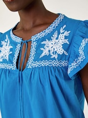 Roman Blue Embroidered Tie Front 100% Cotton Top - Image 5 of 5