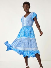 Roman Floral Mix Print Ric Rac Midi Dress - Imagen 1 de 5