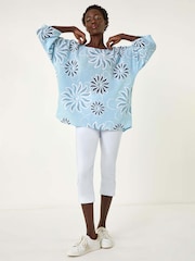 Roman Blue Floral Print 100% Cotton Tunic Top - Image 1 of 5
