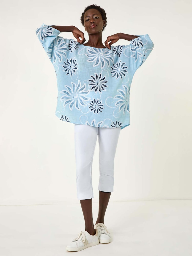 Roman Blue Floral Print 100% Cotton Tunic Top - Image 1 of 5