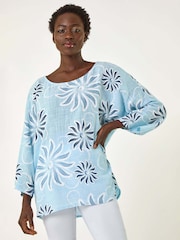 Roman Blue Floral Print 100% Cotton Tunic Top - Image 2 of 5