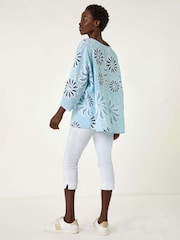 Roman Blue Floral Print 100% Cotton Tunic Top - Image 3 of 5