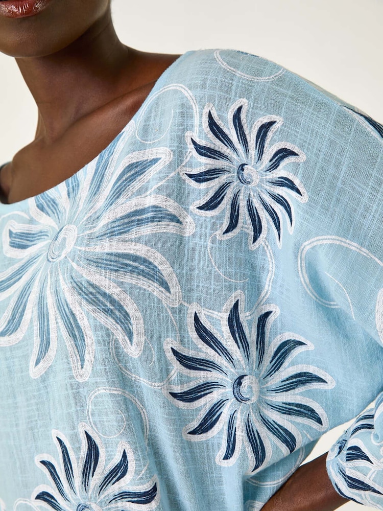 Roman Blue Floral Print 100% Cotton Tunic Top - Image 5 of 5