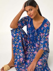 Roman Blue Floral Print Lace Detail Smock Dress - Image 1 of 5