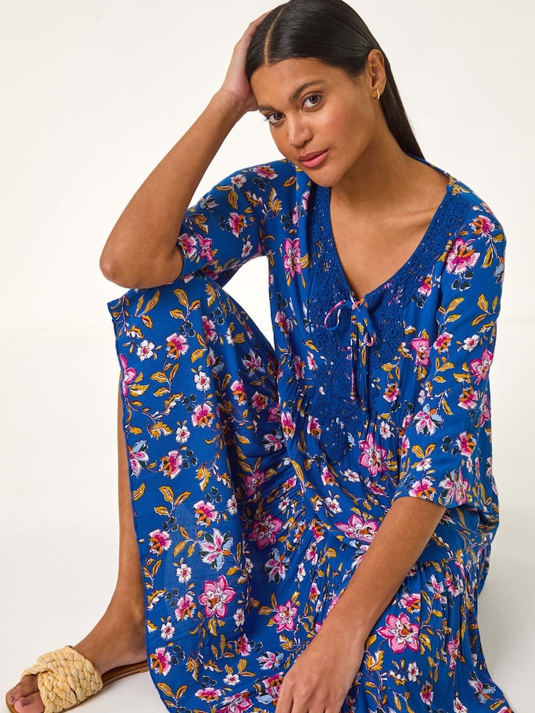 Roman Blue Floral Print Lace Detail Smock Dress - Image 1 of 5