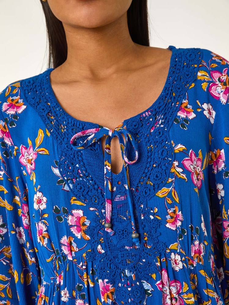 Roman Blue Floral Print Lace Detail Smock Dress - Image 5 of 5