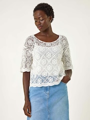 Roman White 100% Cotton Crochet Jumper - Image 4 of 5