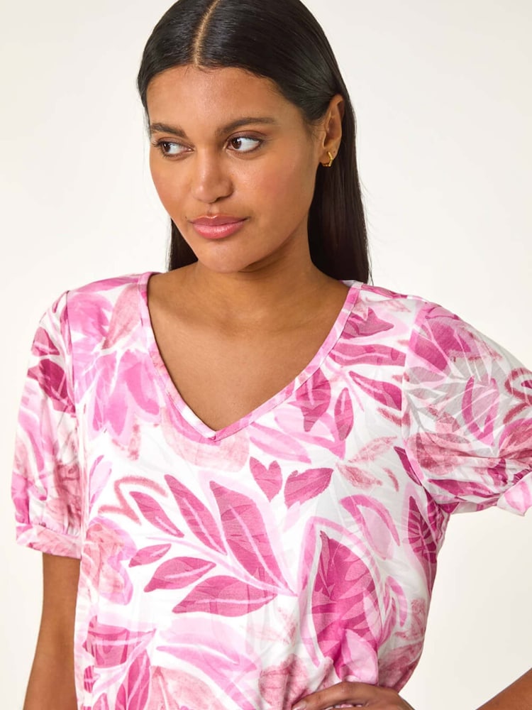 Roman Pink Floral Print Burnout V-Neck Top - Image 1 of 5