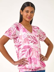 Roman Pink Floral Print Burnout V-Neck Top - Image 4 of 5