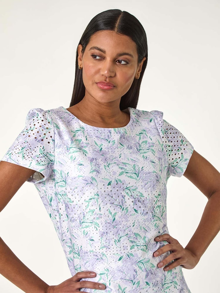 Roman Purple Textured Floral Print Stretch Top - Image 1 of 5