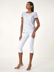 Roman Purple Textured Floral Print Stretch Top - Image 2 of 5