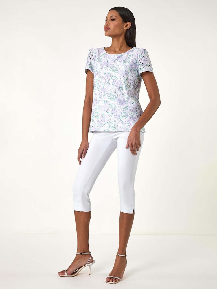 Roman Purple Textured Floral Print Stretch Top - Image 2 of 5