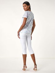 Roman Purple Textured Floral Print Stretch Top - Image 3 of 5
