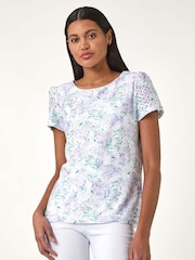 Roman Purple Textured Floral Print Stretch Top - Image 4 of 5