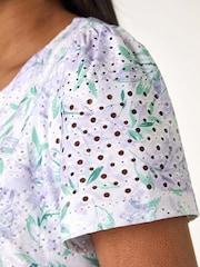 Roman Purple Textured Floral Print Stretch Top - Image 5 of 5