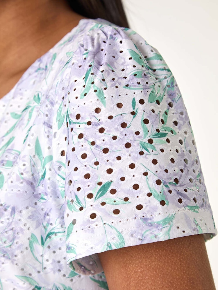 Roman Purple Textured Floral Print Stretch Top - Image 5 of 5